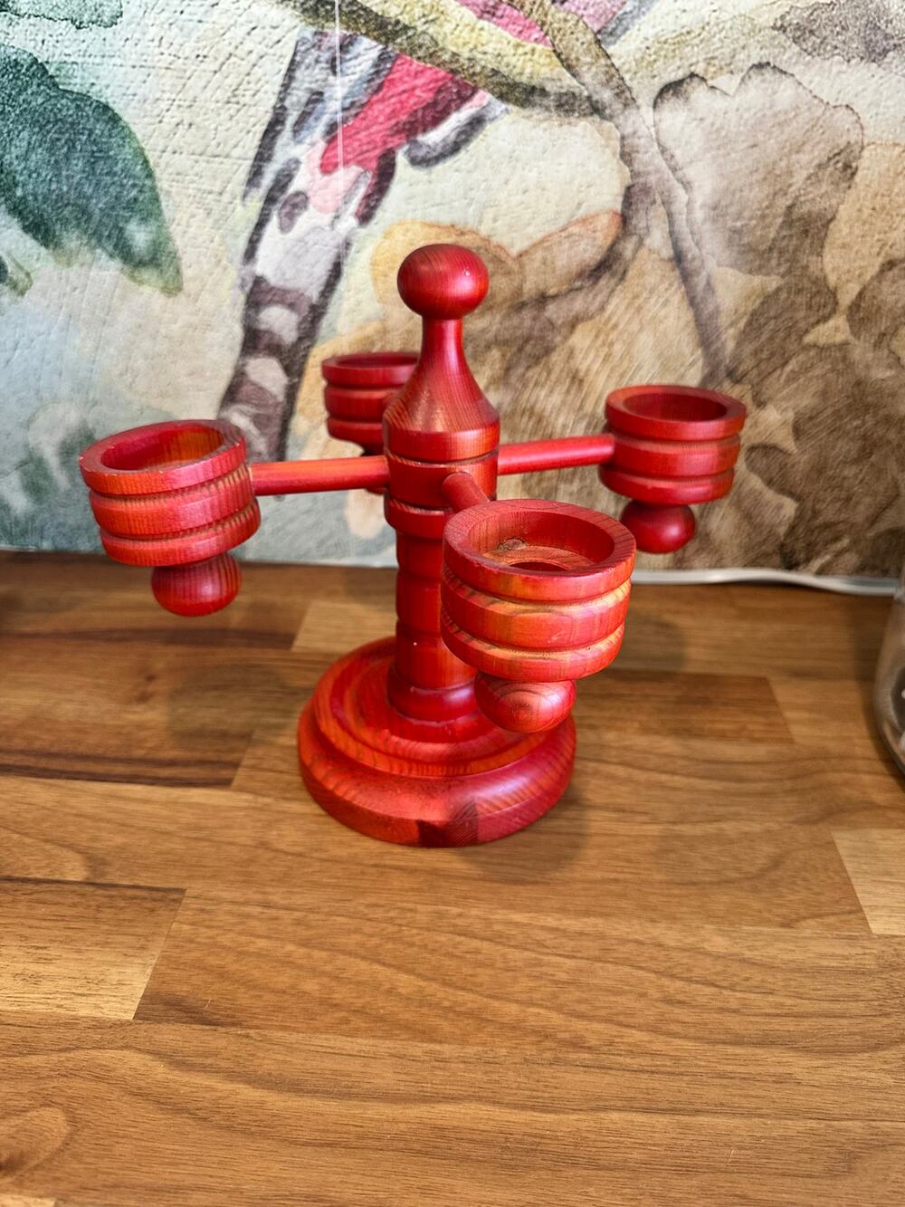 Vintage Scandinavian modern red-stained wooden candelabra 4 Candle Folk Art